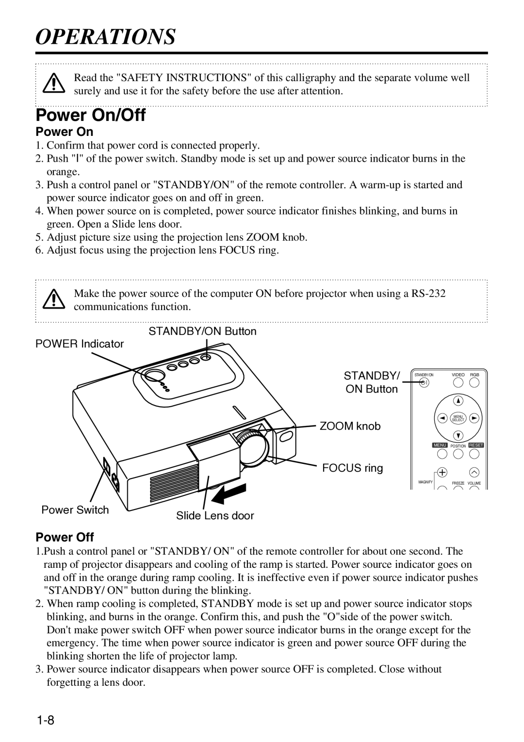 Hitachi CP-S220W user manual Operations, Power On/Off, Power Off, Standby 