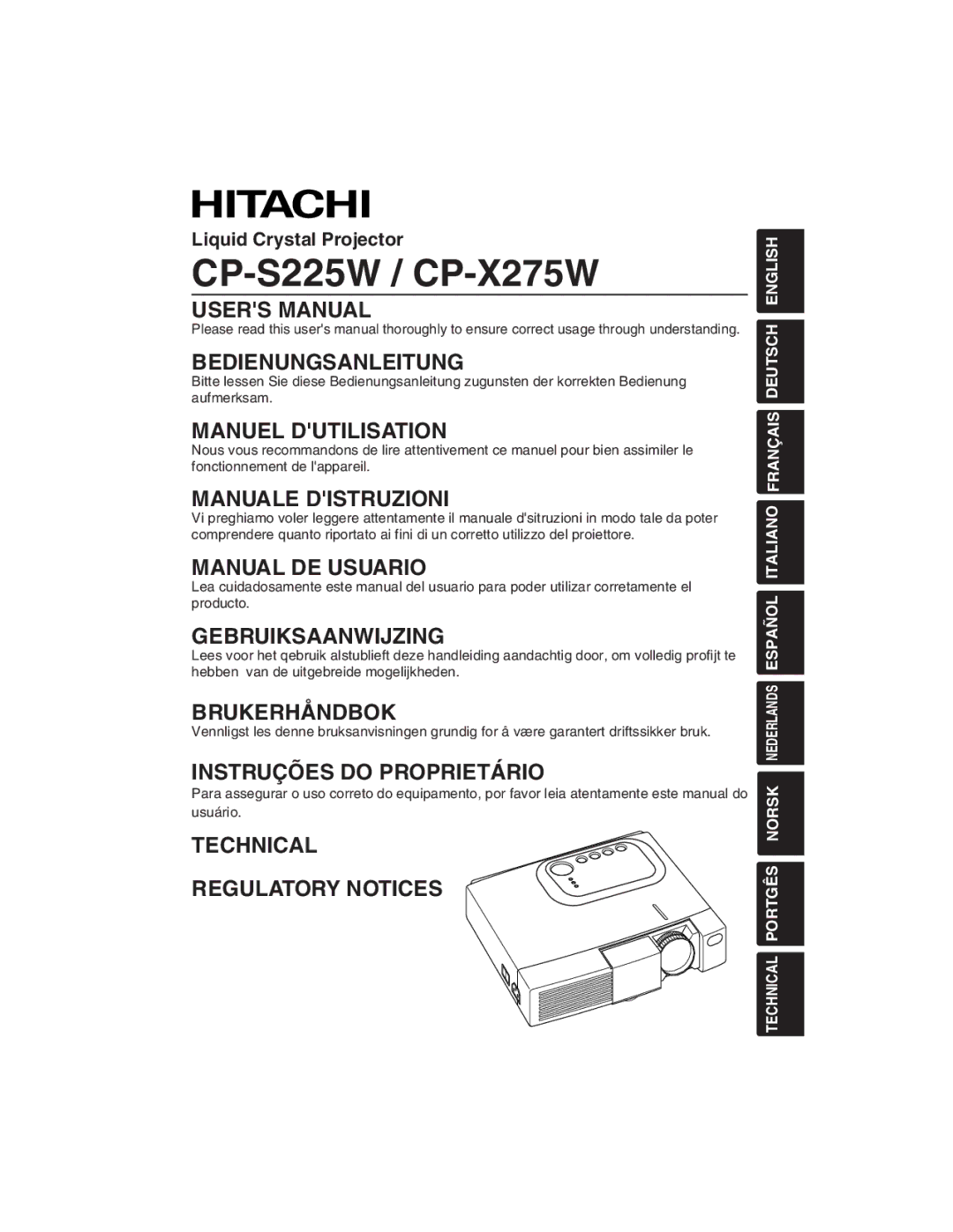 Hitachi user manual CP-S225W / CP-X275W 