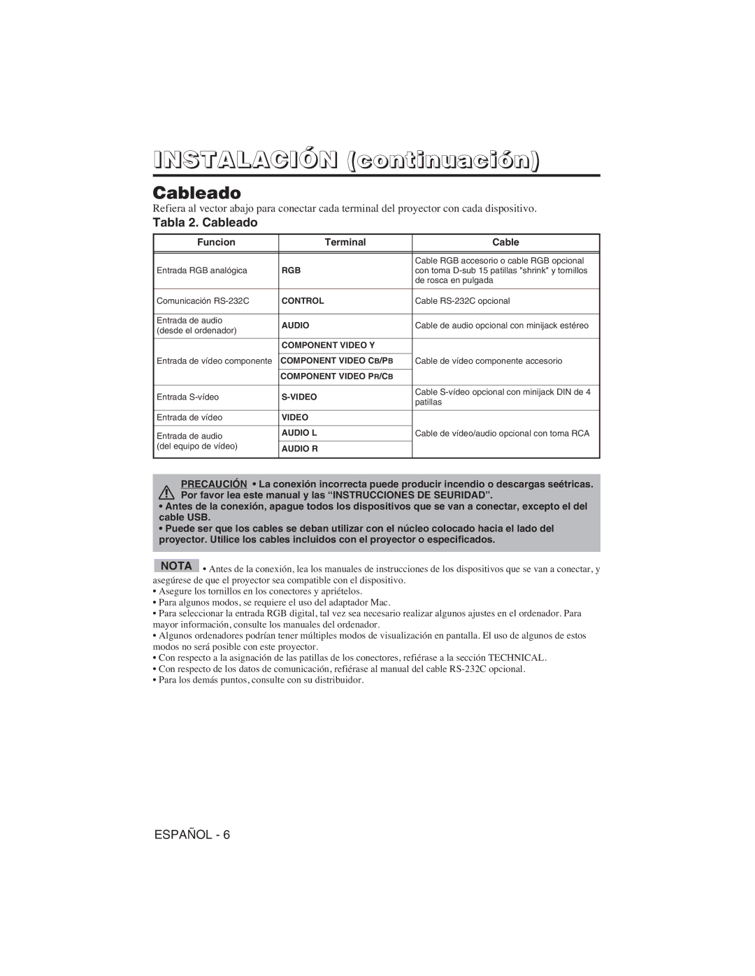 Hitachi CP-X275W, CP-S225W user manual Instalación continuación, Tabla 2. Cableado, Funcion Terminal Cable 