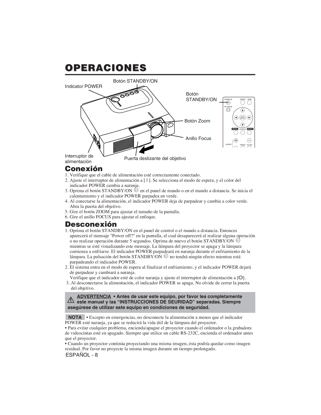 Hitachi CP-X275W, CP-S225W user manual Operaciones, Conexión, Desconexión, Botón STANDBY/ON Indicator Power 