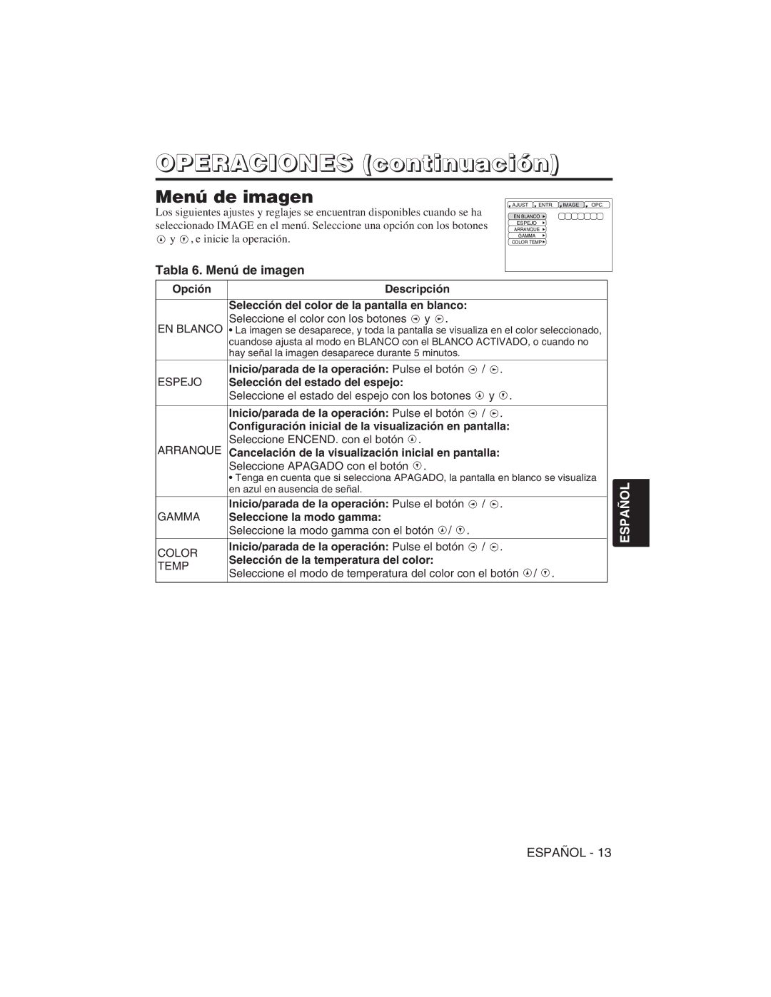 Hitachi CP-S225W, CP-X275W user manual Tabla 6. Menú de imagen, Espejo 