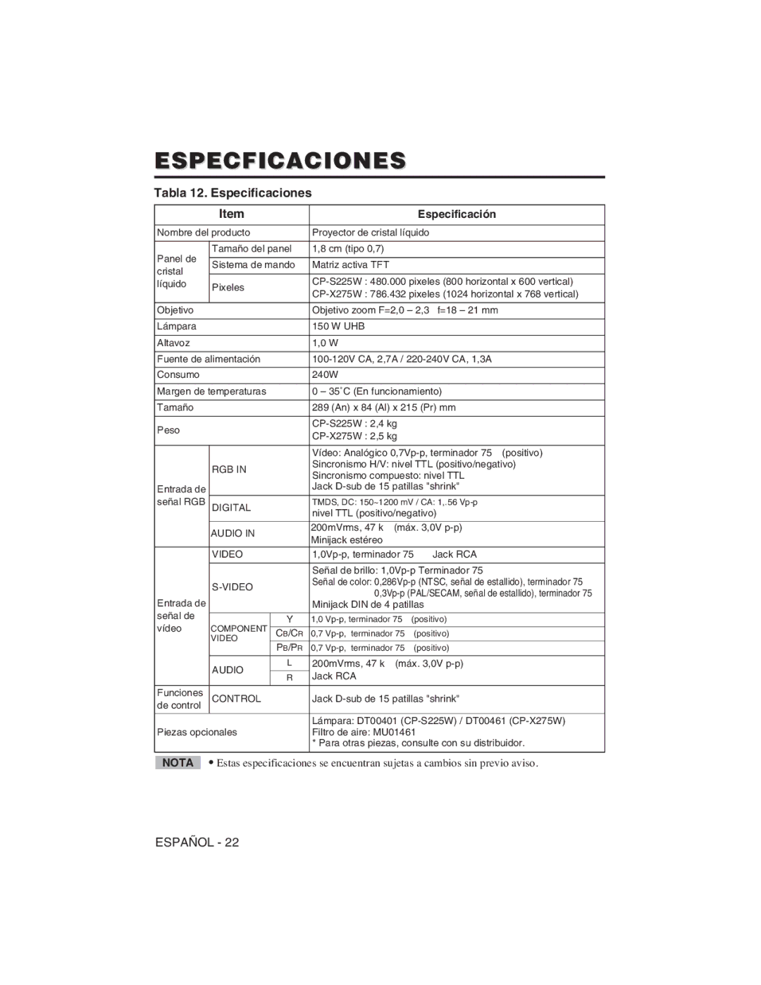 Hitachi CP-X275W, CP-S225W user manual Especficaciones, Tabla 12. Especificaciones, Especificación, Digital 