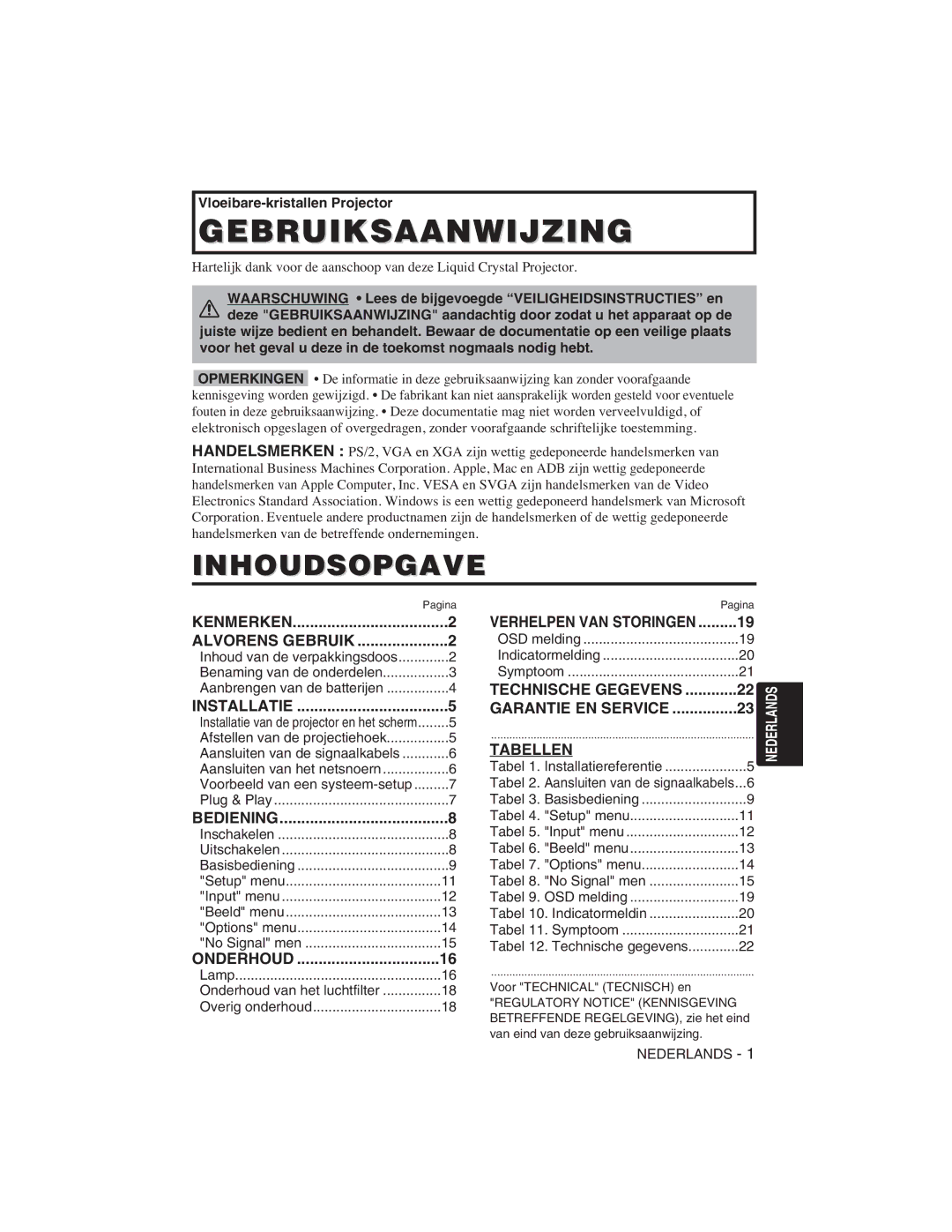 Hitachi CP-S225W, CP-X275W user manual Inhoudsopgave, Technische Gegevens Garantie EN Service Tabellen 