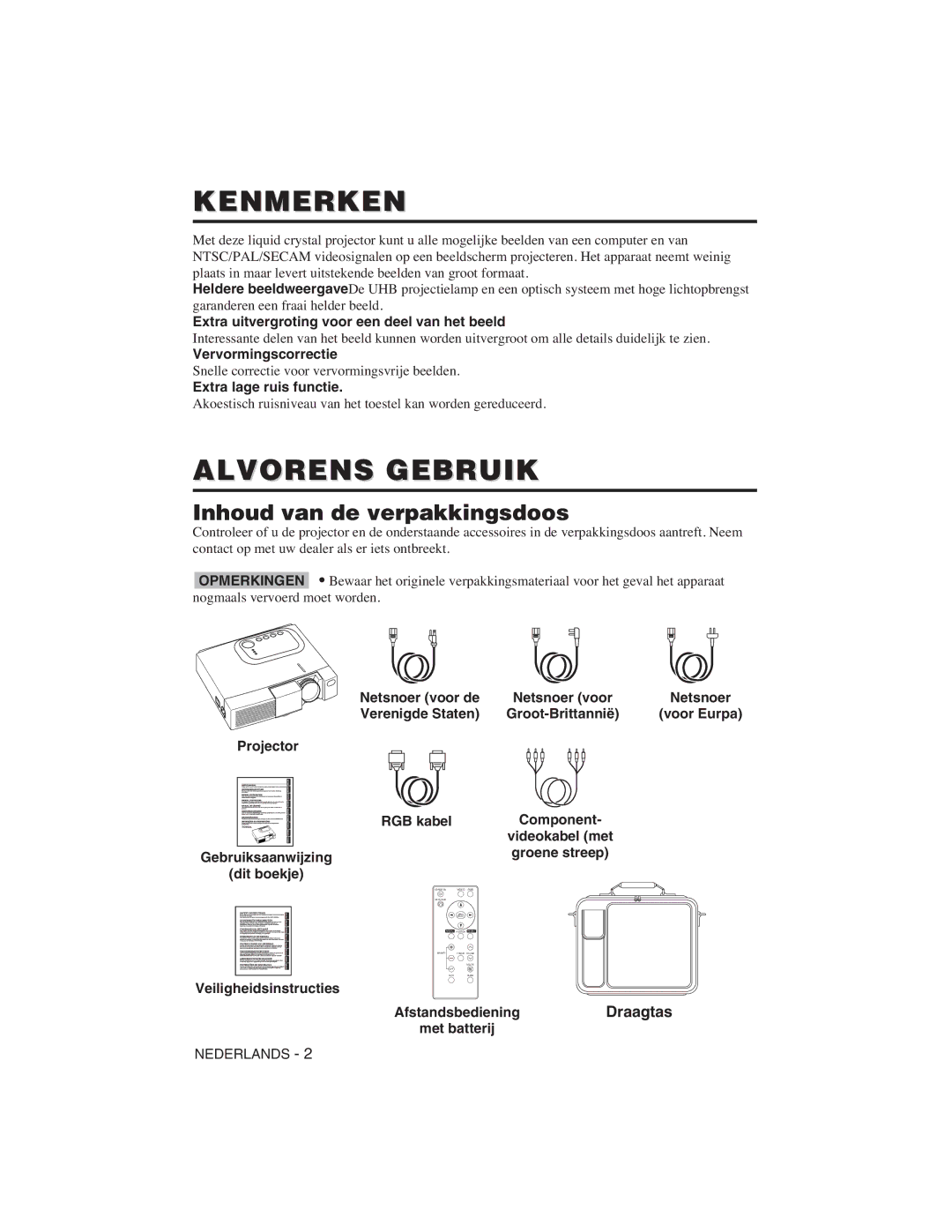 Hitachi CP-X275W, CP-S225W user manual Kenmerken, Alvorens Gebruik, Inhoud van de verpakkingsdoos, Draagtas 