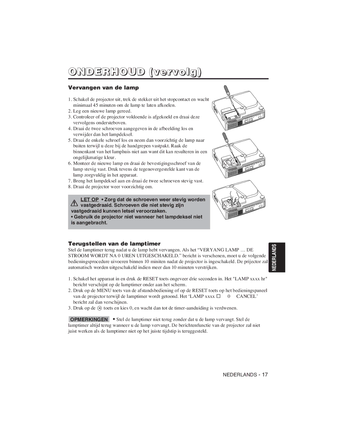 Hitachi CP-S225W, CP-X275W user manual Onderhoud vervolg, Vervangen van de lamp, Terugstellen van de lamptimer 