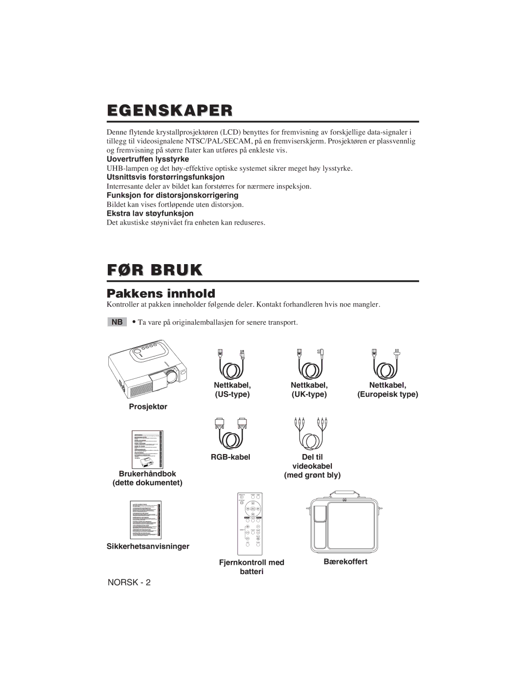 Hitachi CP-X275W, CP-S225W user manual Egenskaper, FØR Bruk, Pakkens innhold 