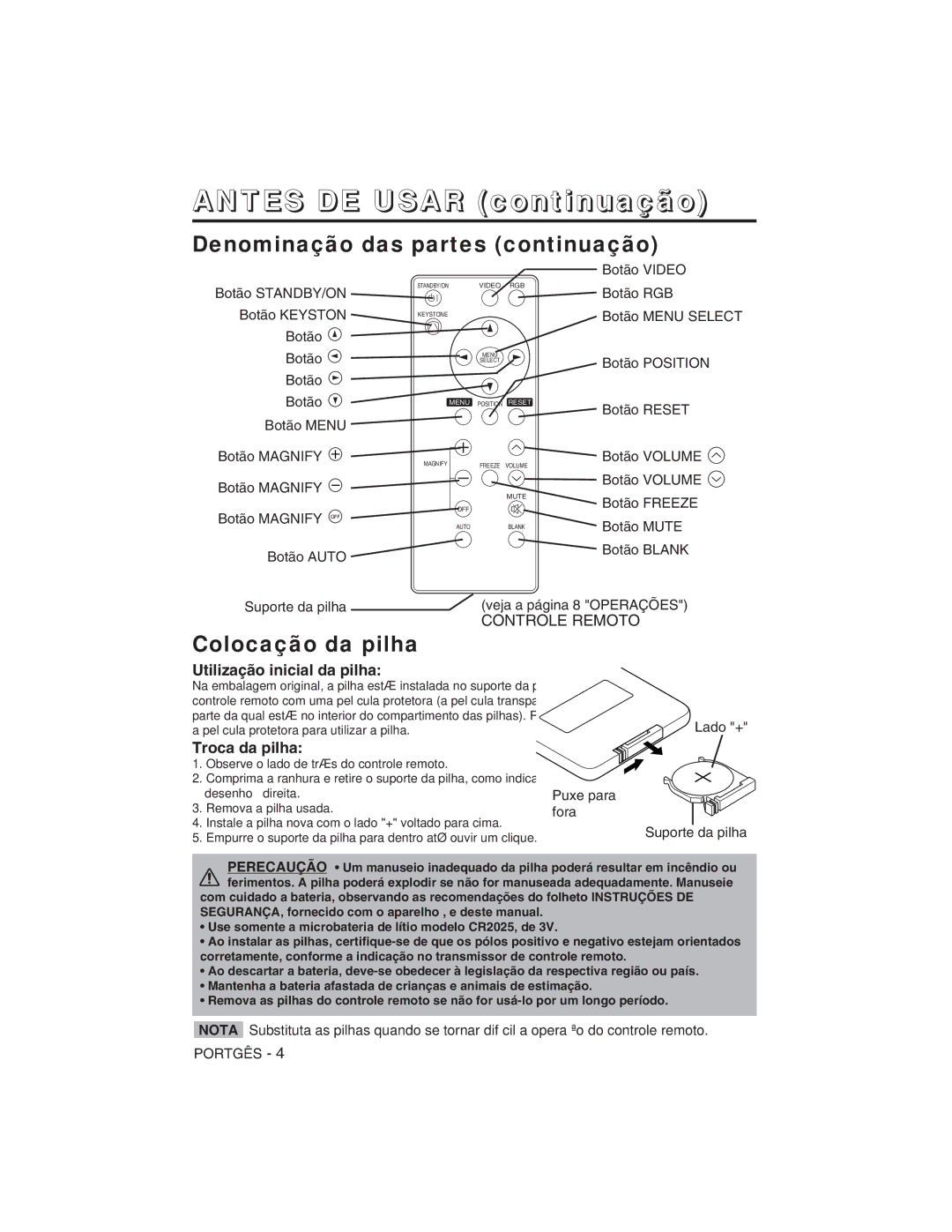 Hitachi CP-X275W Denominação das partes continuação, Colocação da pilha, Utilização inicial da pilha, Troca da pilha 