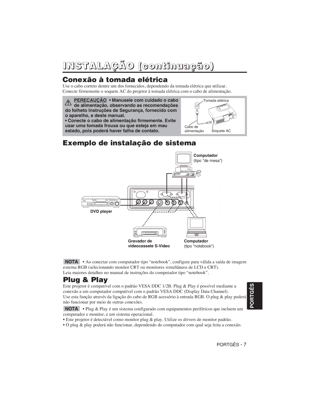 Hitachi CP-S225W, CP-X275W user manual Conexão à tomada elétrica, Exemplo de instalação de sistema, Computador 