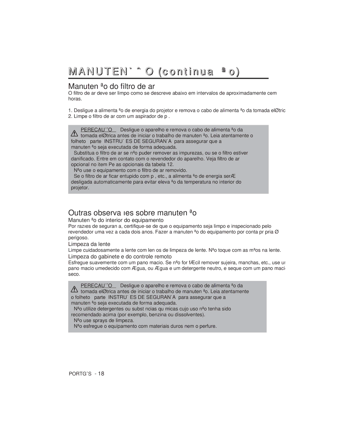 Hitachi CP-X275W Manutenção do filtro de ar, Outras observações sobre manutenção, Manutenção do interior do equipamento 