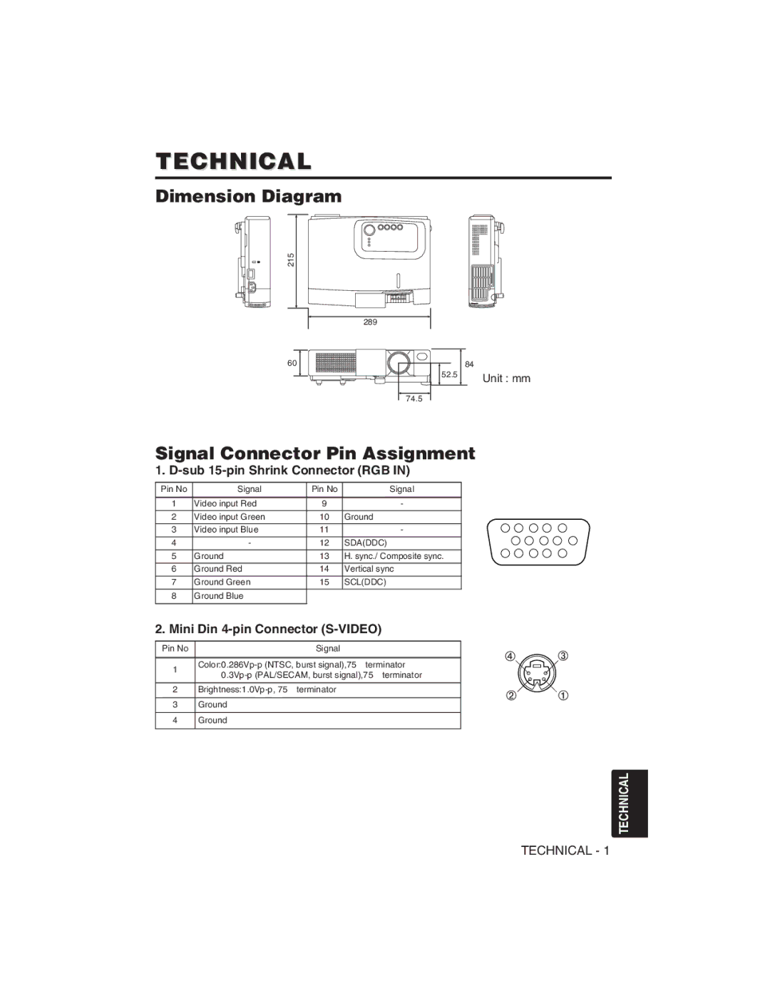 Hitachi CP-S225W, CP-X275W Technical, Dimension Diagram, Signal Connector Pin Assignment, Sub 15-pin Shrink Connector RGB 