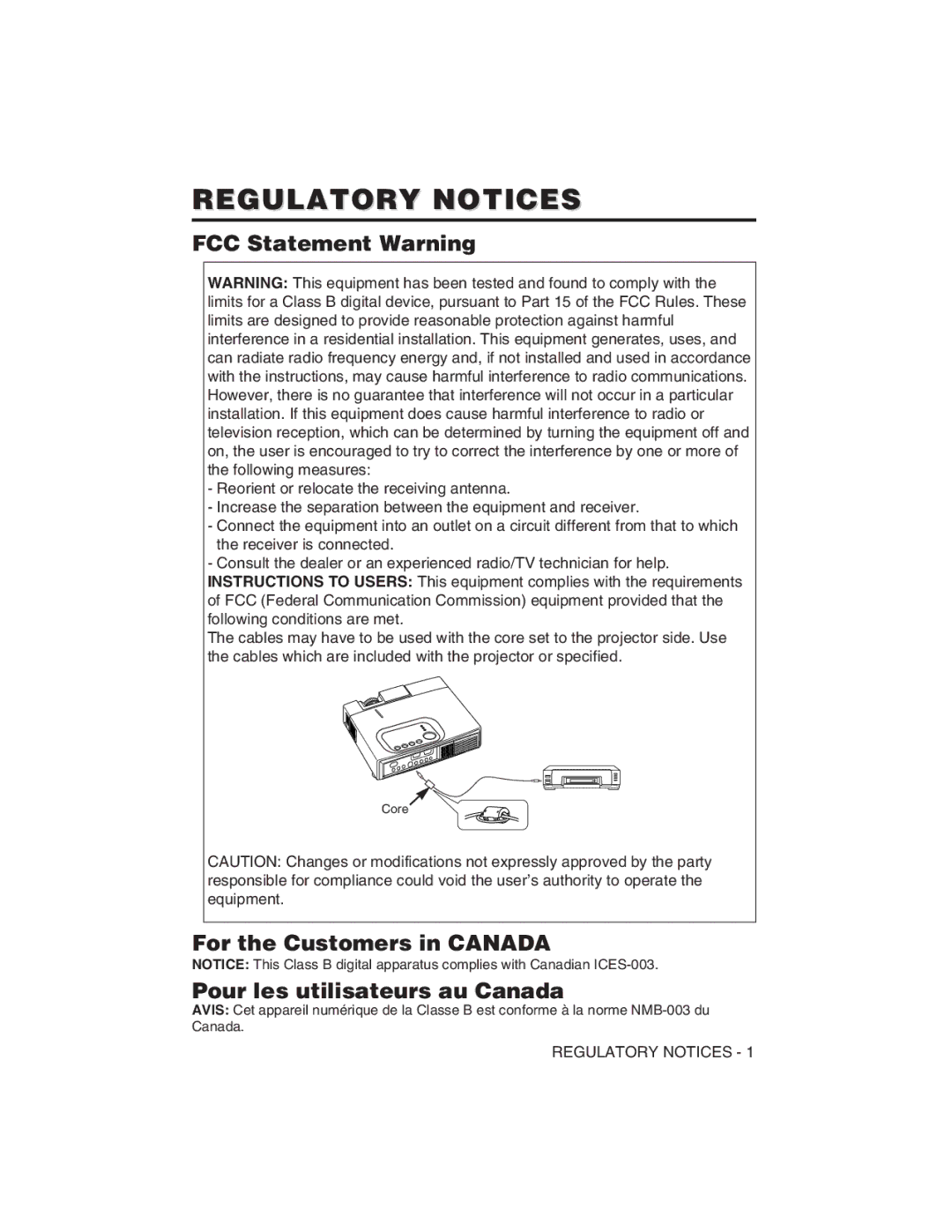 Hitachi CP-S225W Regulatory Notices, FCC Statement Warning, For the Customers in Canada Pour les utilisateurs au Canada 