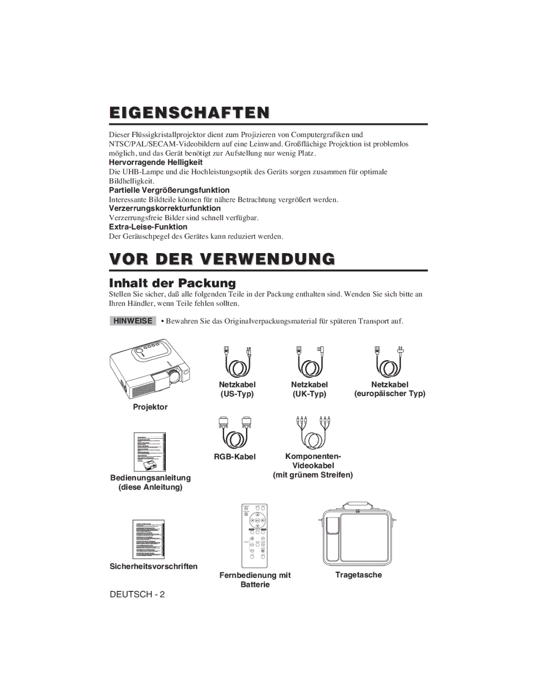 Hitachi CP-X275W, CP-S225W user manual Eigenschaften, VOR DER Verwendung, Inhalt der Packung 