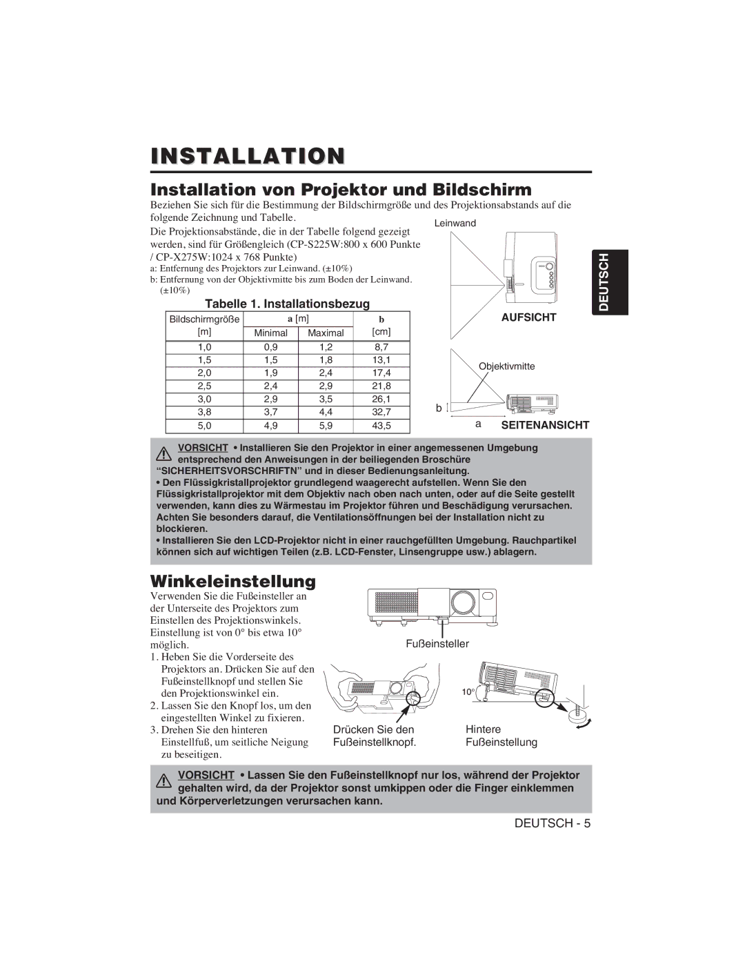 Hitachi CP-S225W Installation von Projektor und Bildschirm, Winkeleinstellung, Tabelle 1. Installationsbezug, Aufsicht 