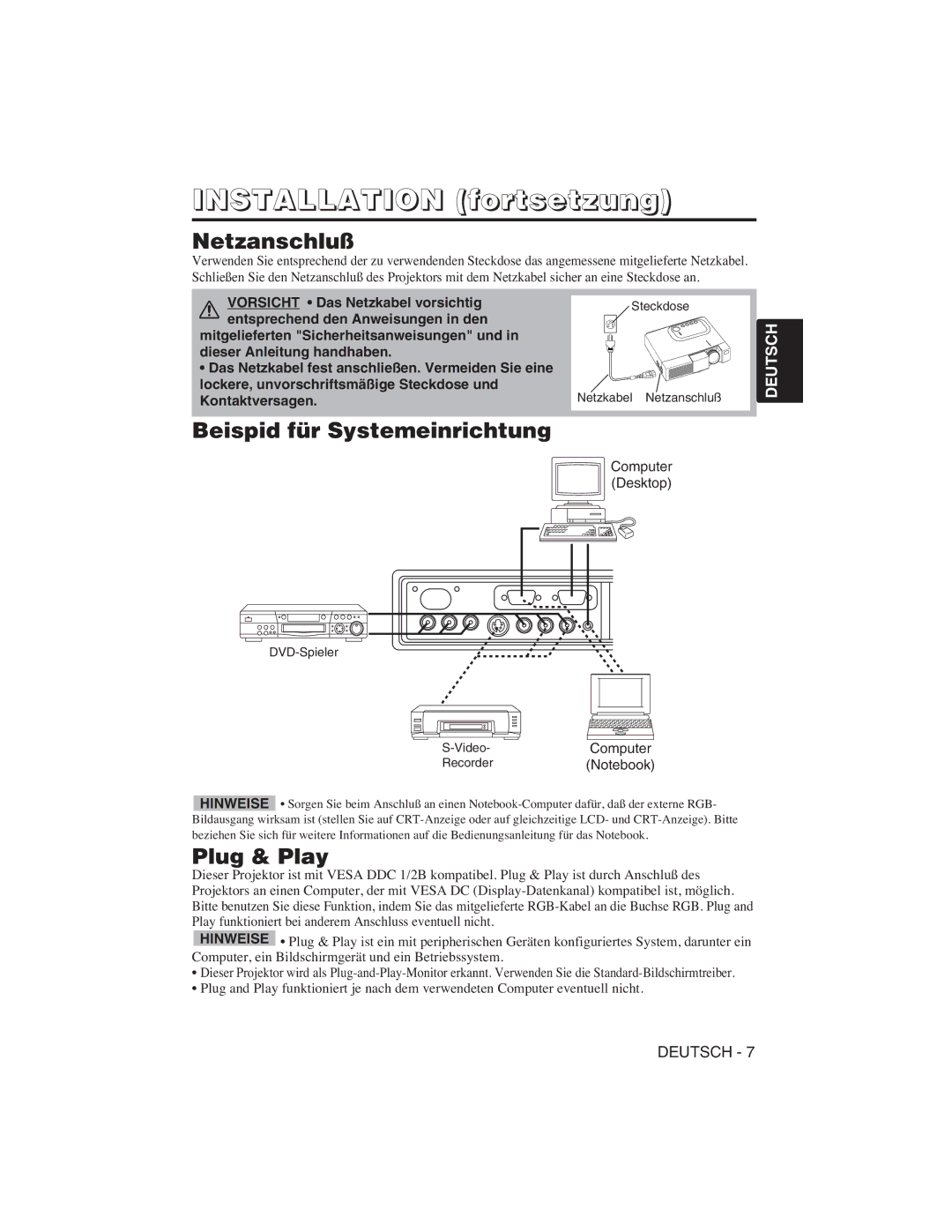 Hitachi CP-S225W, CP-X275W user manual Netzanschluß, Beispid für Systemeinrichtung, Computer Desktop, RecorderNotebook 