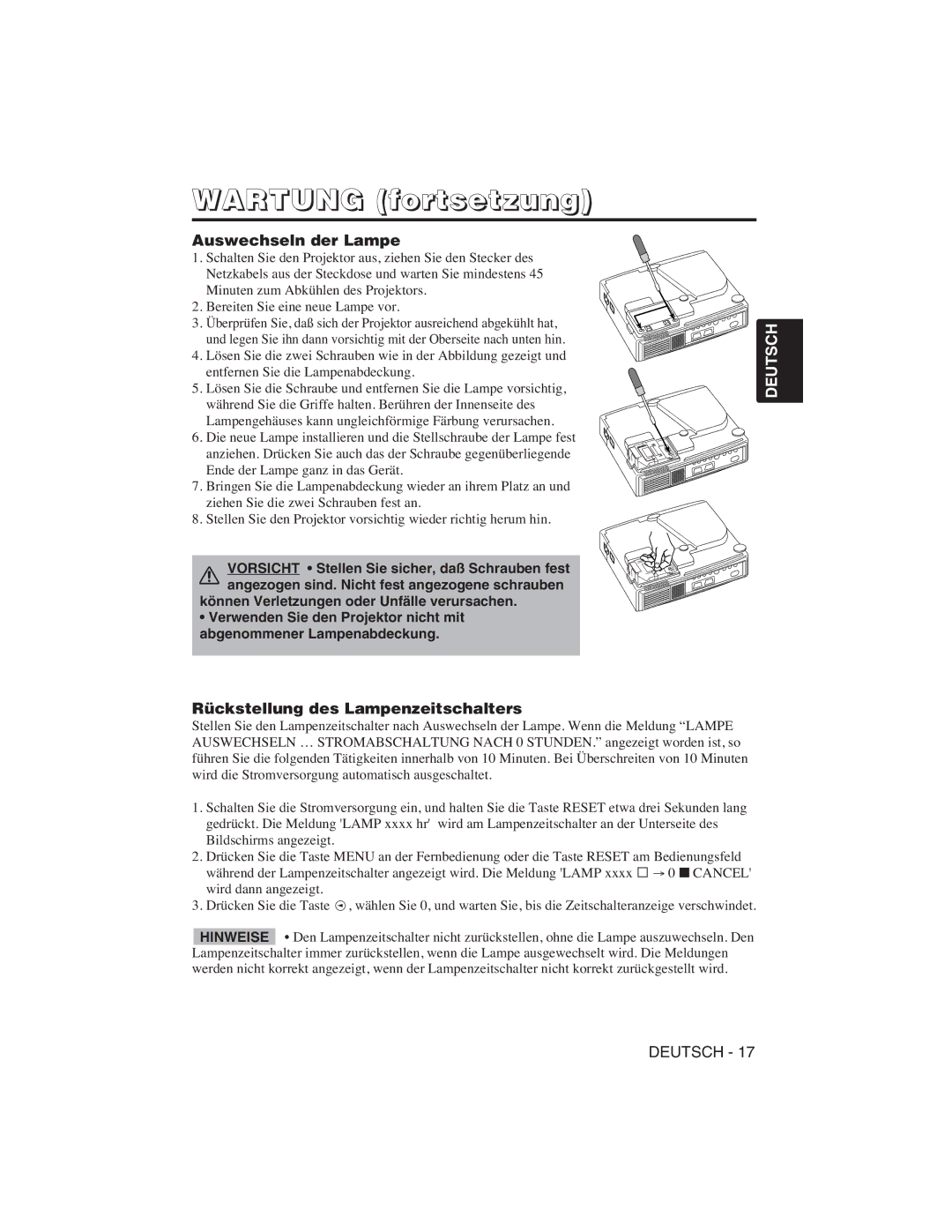 Hitachi CP-S225W, CP-X275W user manual Wartung fortsetzung, Auswechseln der Lampe, Rückstellung des Lampenzeitschalters 