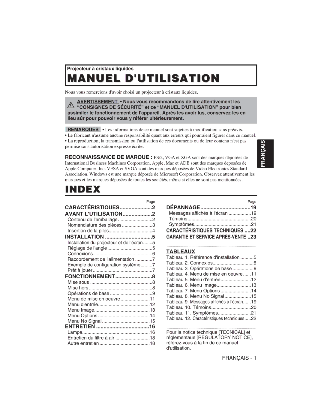 Hitachi CP-S225W, CP-X275W user manual Index, Tableaux 