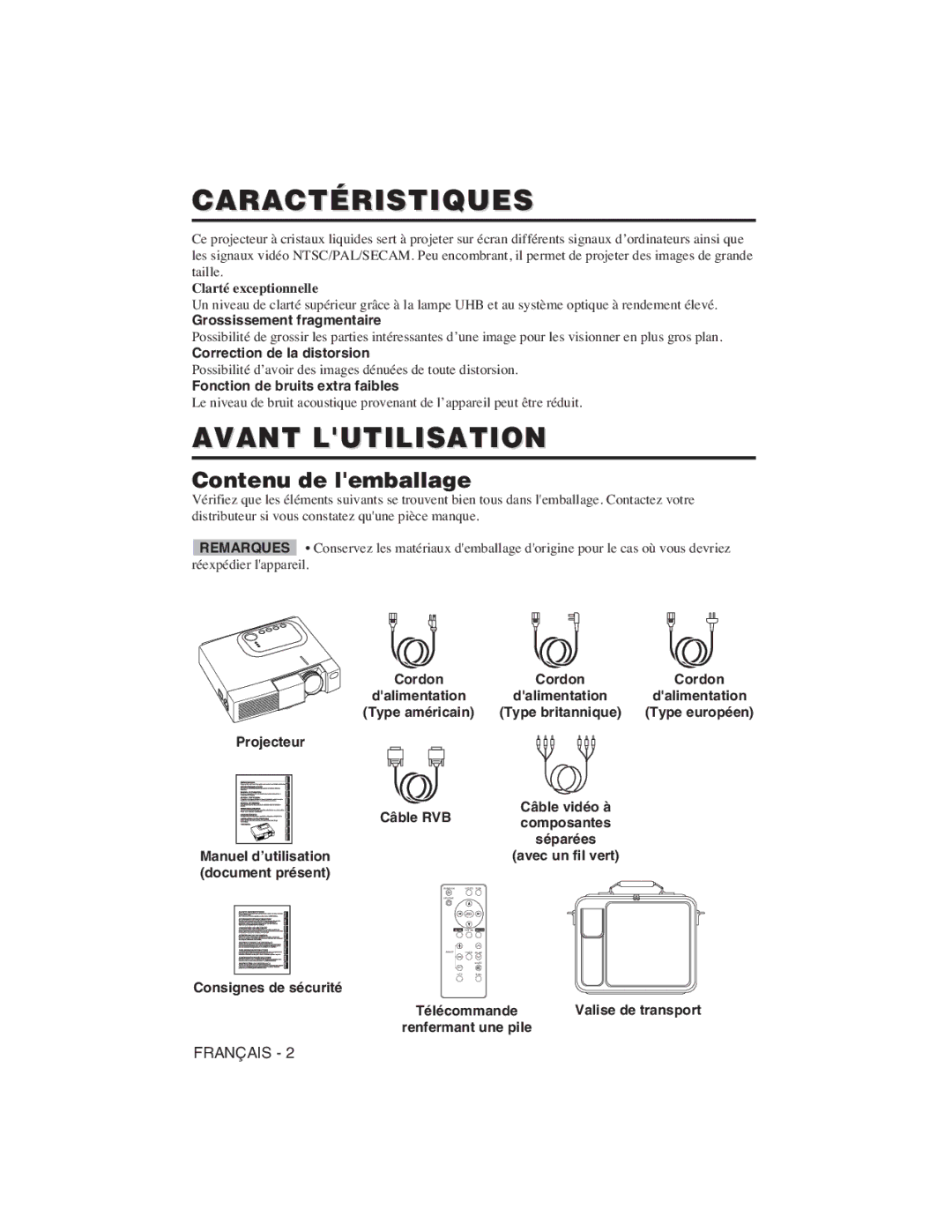 Hitachi CP-X275W, CP-S225W user manual Caractéristiques, Avant Lutilisation, Contenu de lemballage 