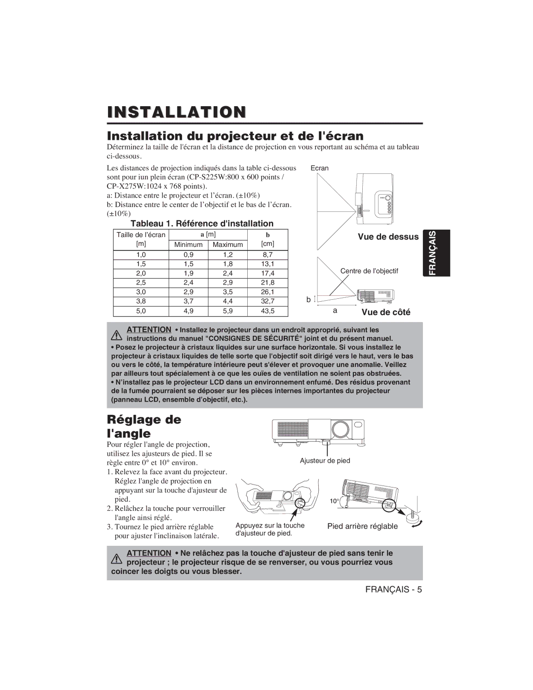 Hitachi CP-S225W, CP-X275W Installation du projecteur et de lécran, Réglage de langle, Tableau 1. Référence dinstallation 