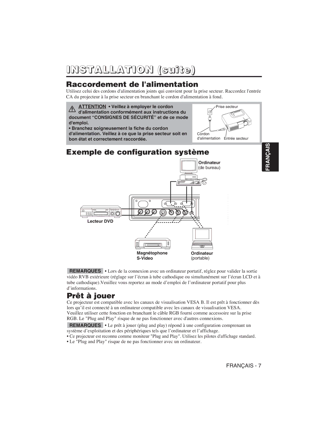 Hitachi CP-S225W, CP-X275W user manual Raccordement de lalimentation, Exemple de configuration système, Prêt à jouer 