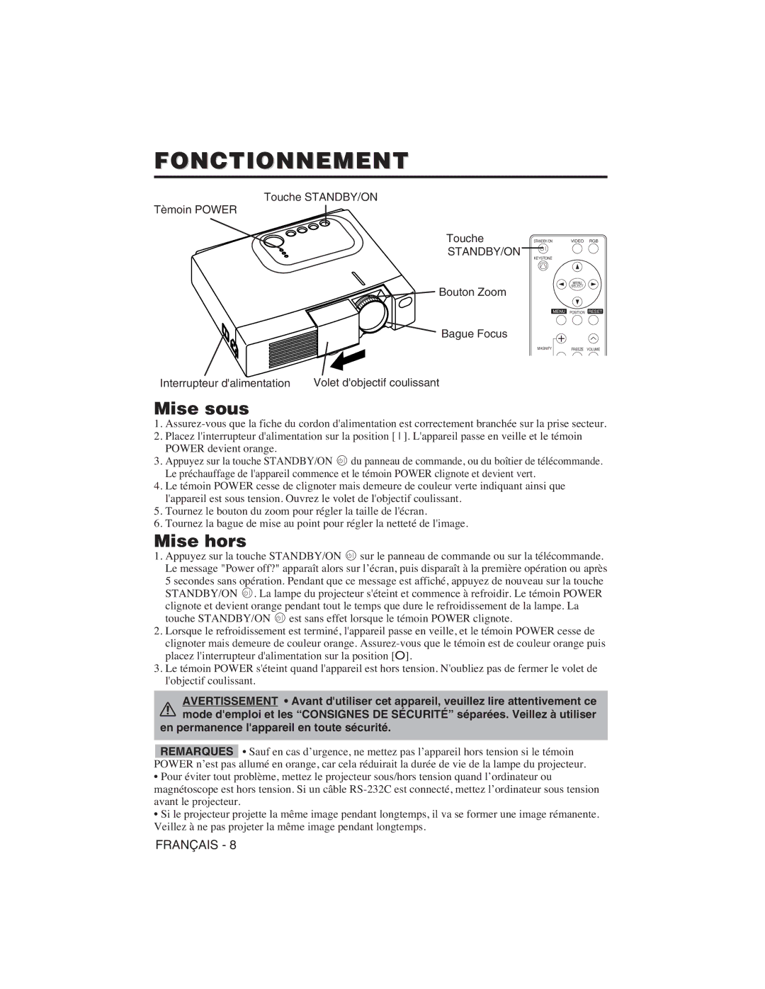 Hitachi CP-X275W, CP-S225W user manual Fonctionnement, Mise sous, Mise hors, Touche STANDBY/ON Tèmoin Power 