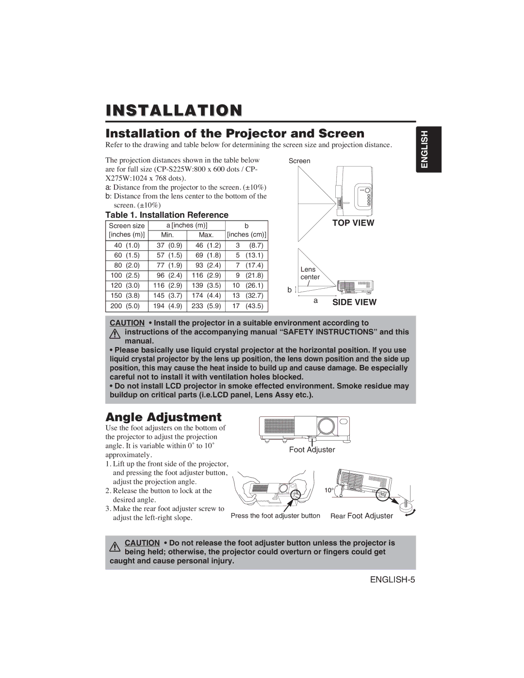 Hitachi CP-S225W, CP-X275W user manual Installation of the Projector and Screen, Angle Adjustment, TOP View 