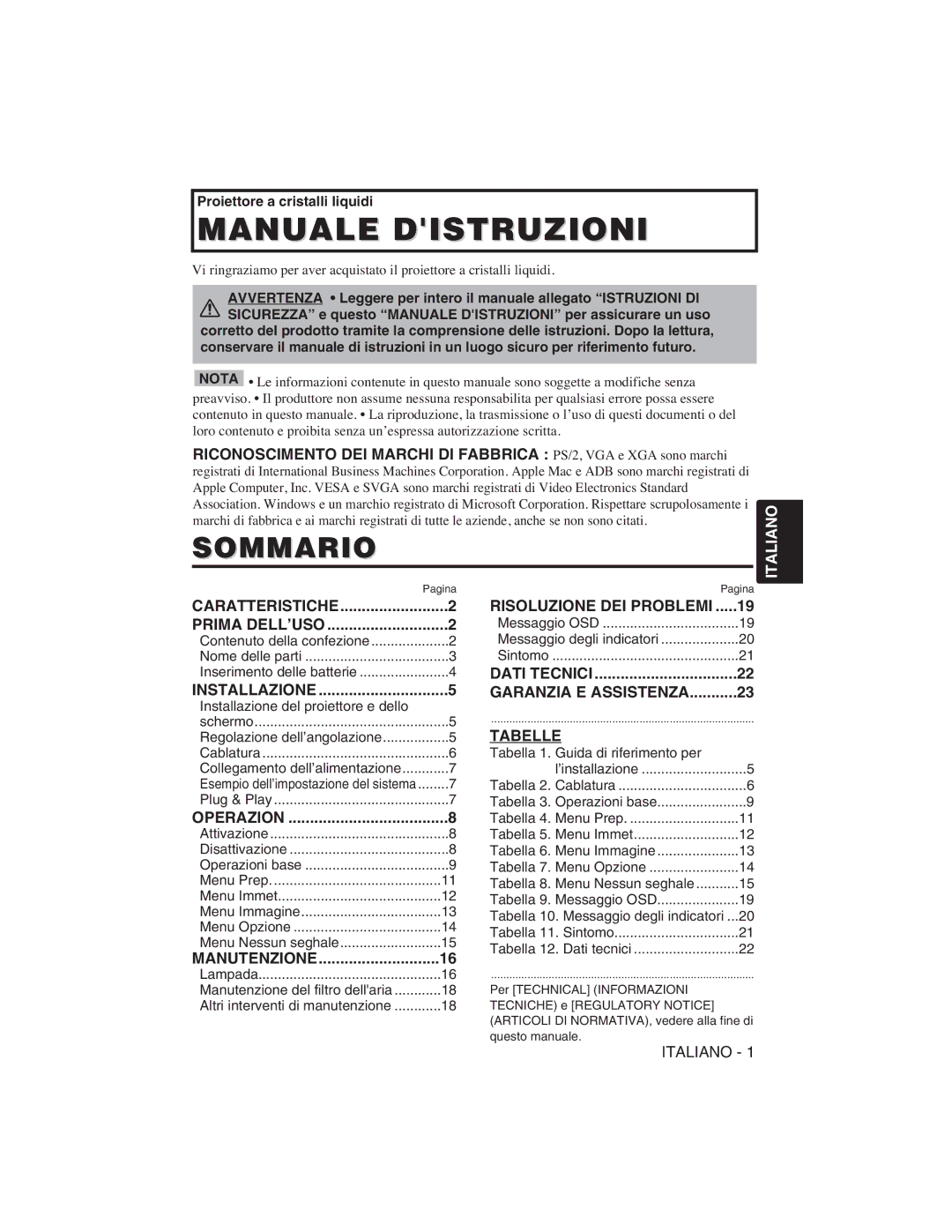 Hitachi CP-S225W, CP-X275W user manual Sommario, Risoluzione DEI Problemi, Garanzia E Assistenza Tabelle 