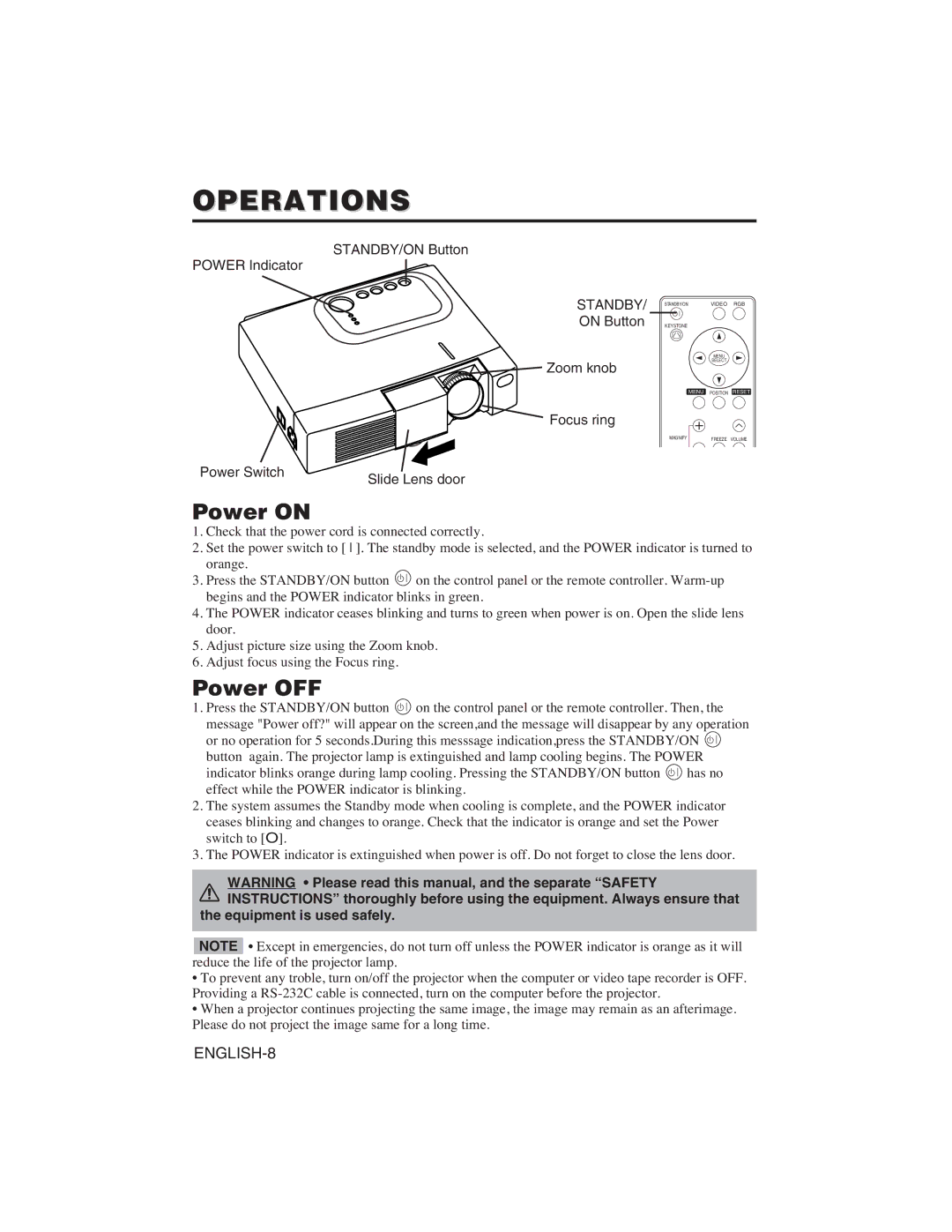 Hitachi CP-X275W, CP-S225W user manual Operations, Power on, Power OFF, Standby, Equipment is used safely 