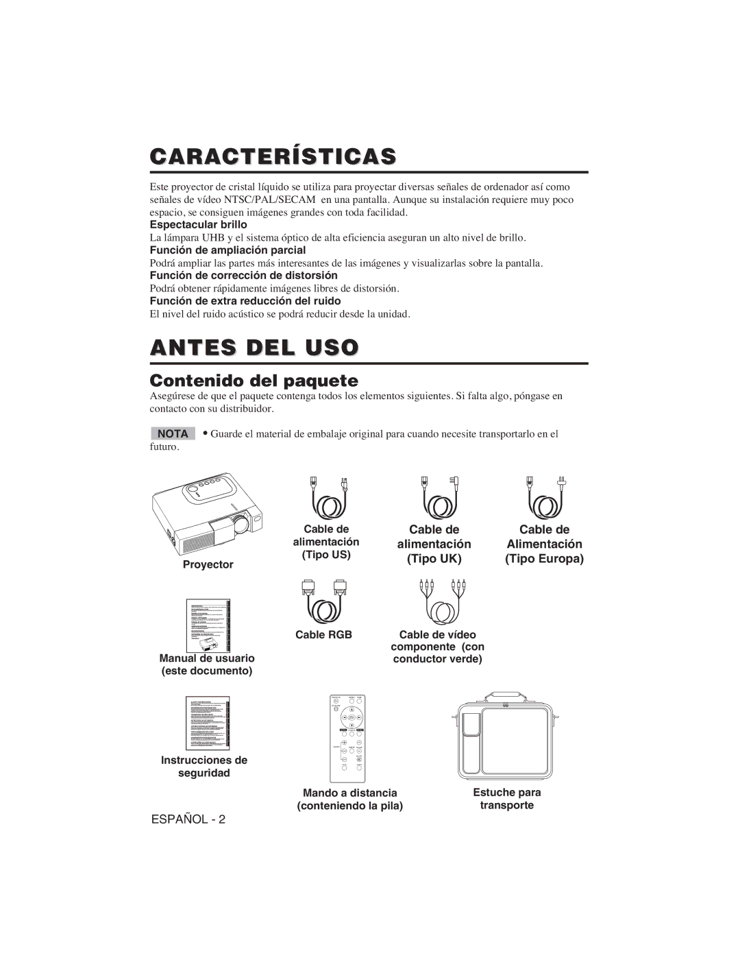 Hitachi CP-X275W, CP-S225W user manual Características, Antes DEL USO, Contenido del paquete, Tipo UK Tipo Europa 