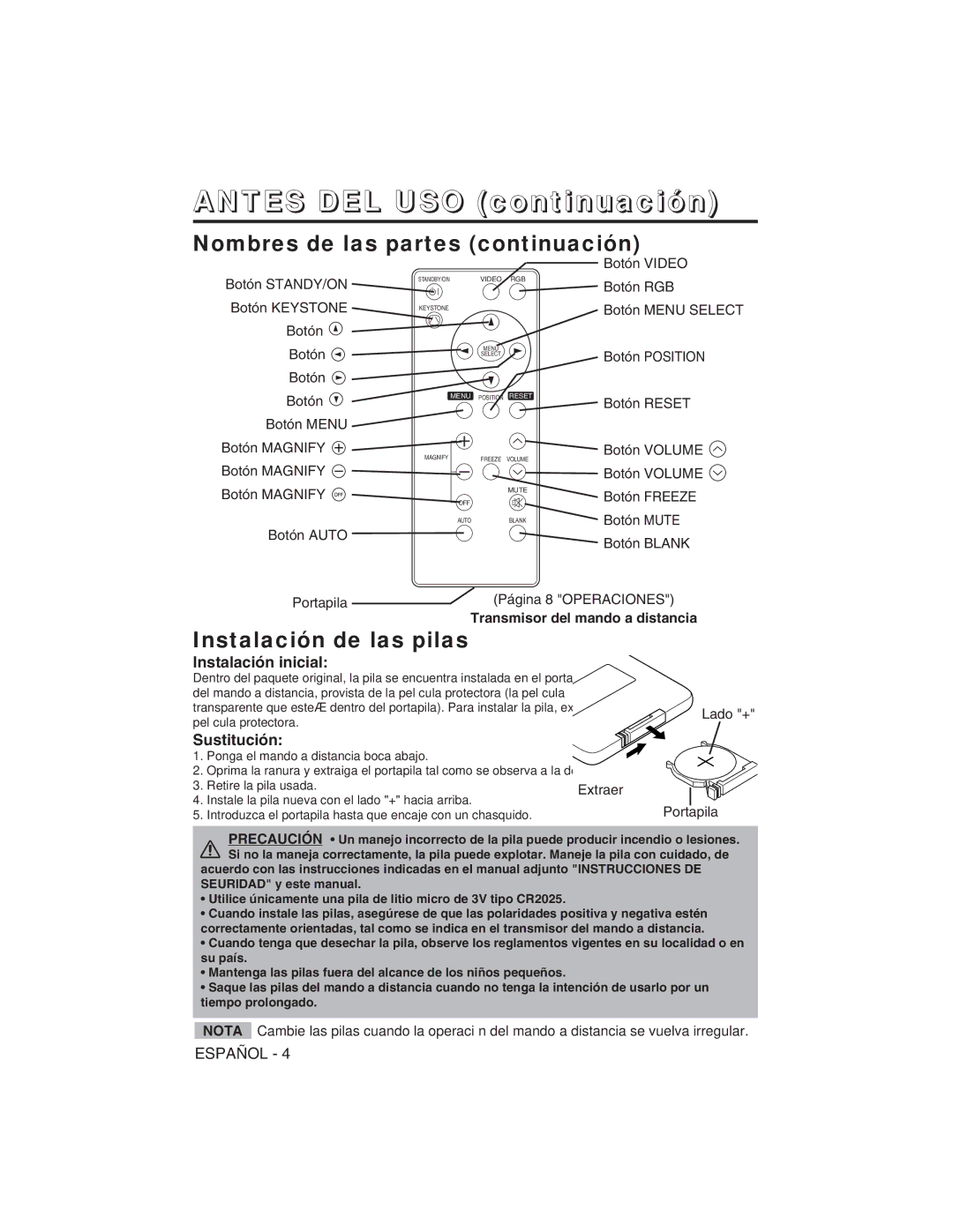 Hitachi CP-S225W user manual Nombres de las partes continuación, Instalación de las pilas, Instalación inicial, Sustitución 