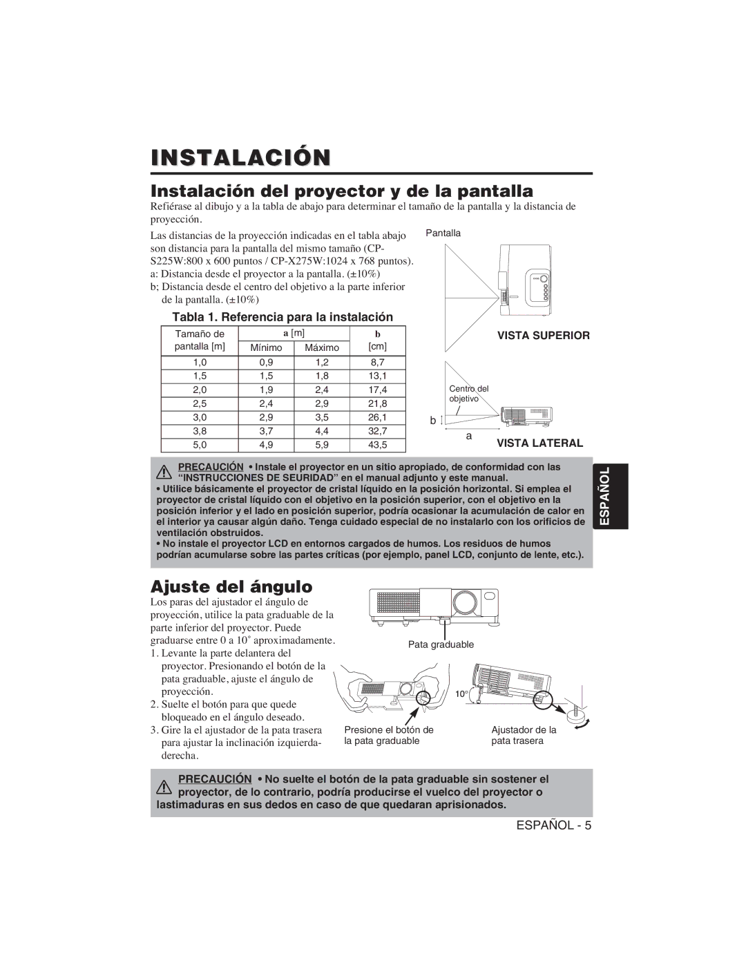 Hitachi CP-S225W user manual Instalación del proyector y de la pantalla, Ajuste del ángulo 