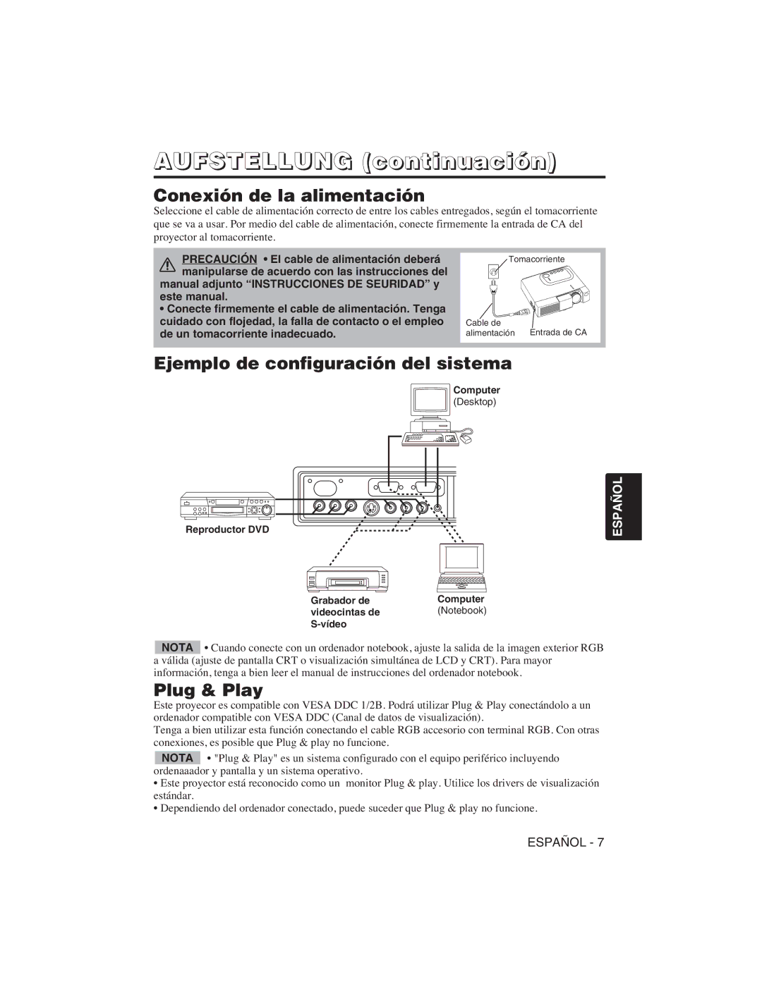 Hitachi CP-S225W user manual Aufstellung continuación, Conexión de la alimentación, Ejemplo de configuración del sistema 