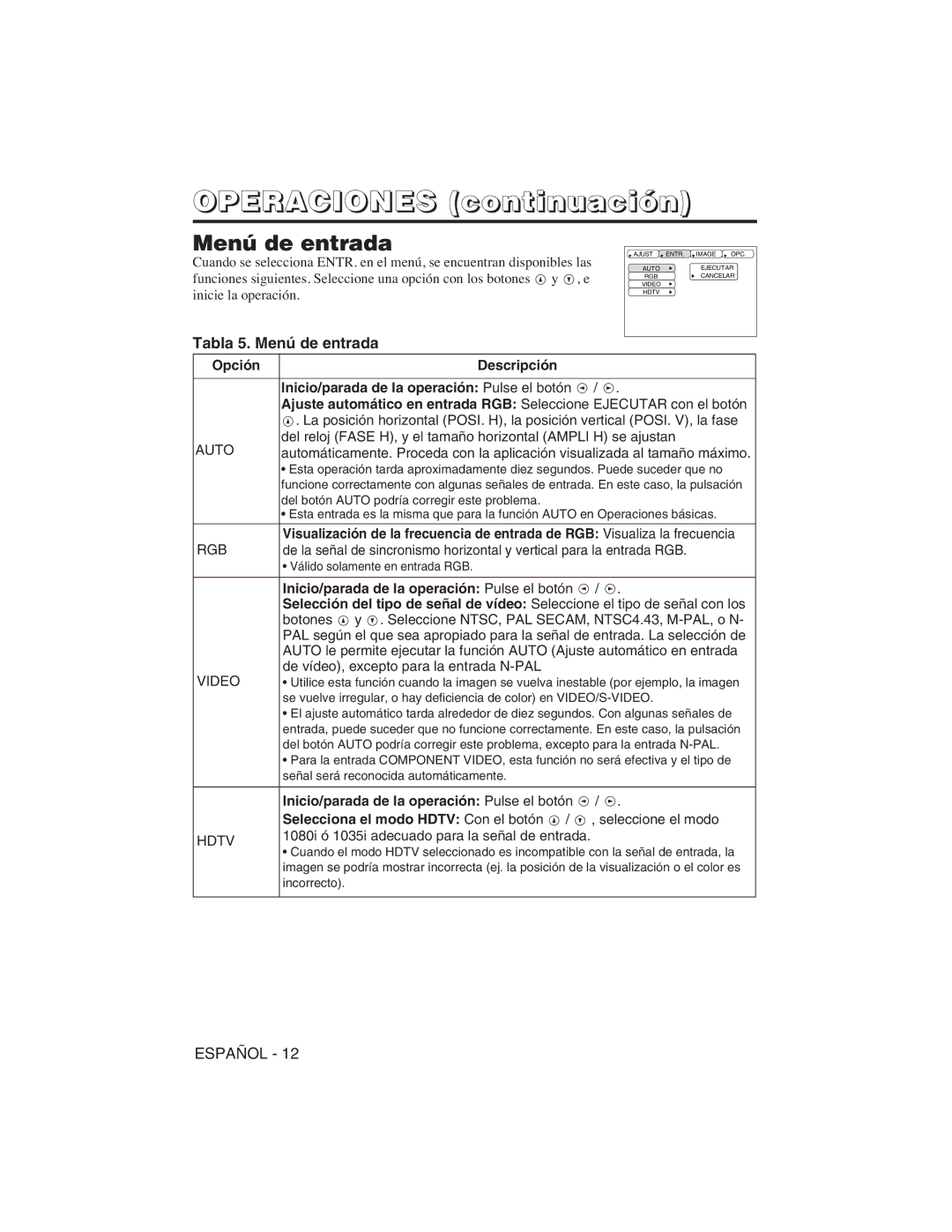 Hitachi CP-S225W user manual Tabla 5. Menú de entrada 