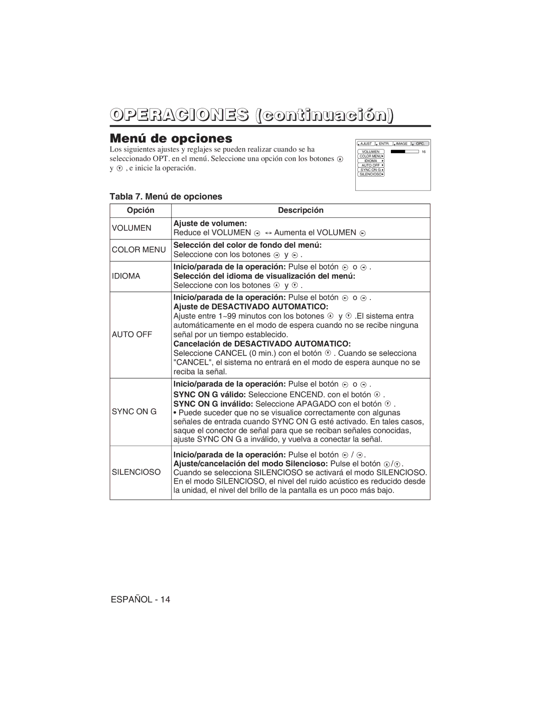 Hitachi CP-S225W user manual Tabla 7. Menú de opciones 