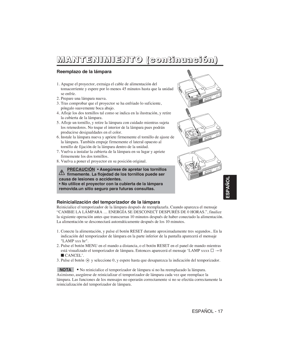 Hitachi CP-S225W Mantenimiento continuación, Reemplazo de la lámpara, Reinicialización del temporizador de la lámpara 