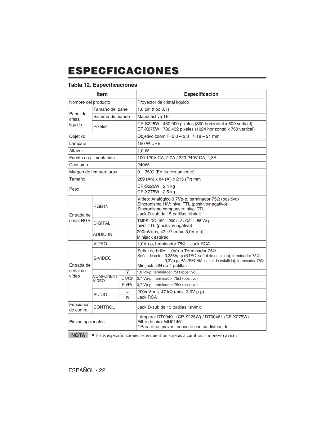 Hitachi CP-S225W user manual Especficaciones, Tabla 12. Especificaciones, Especificación, Digital 