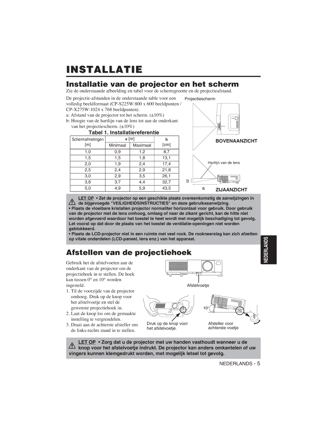 Hitachi CP-S225W user manual Installatie van de projector en het scherm, Afstellen van de projectiehoek, Bovenaanzicht 