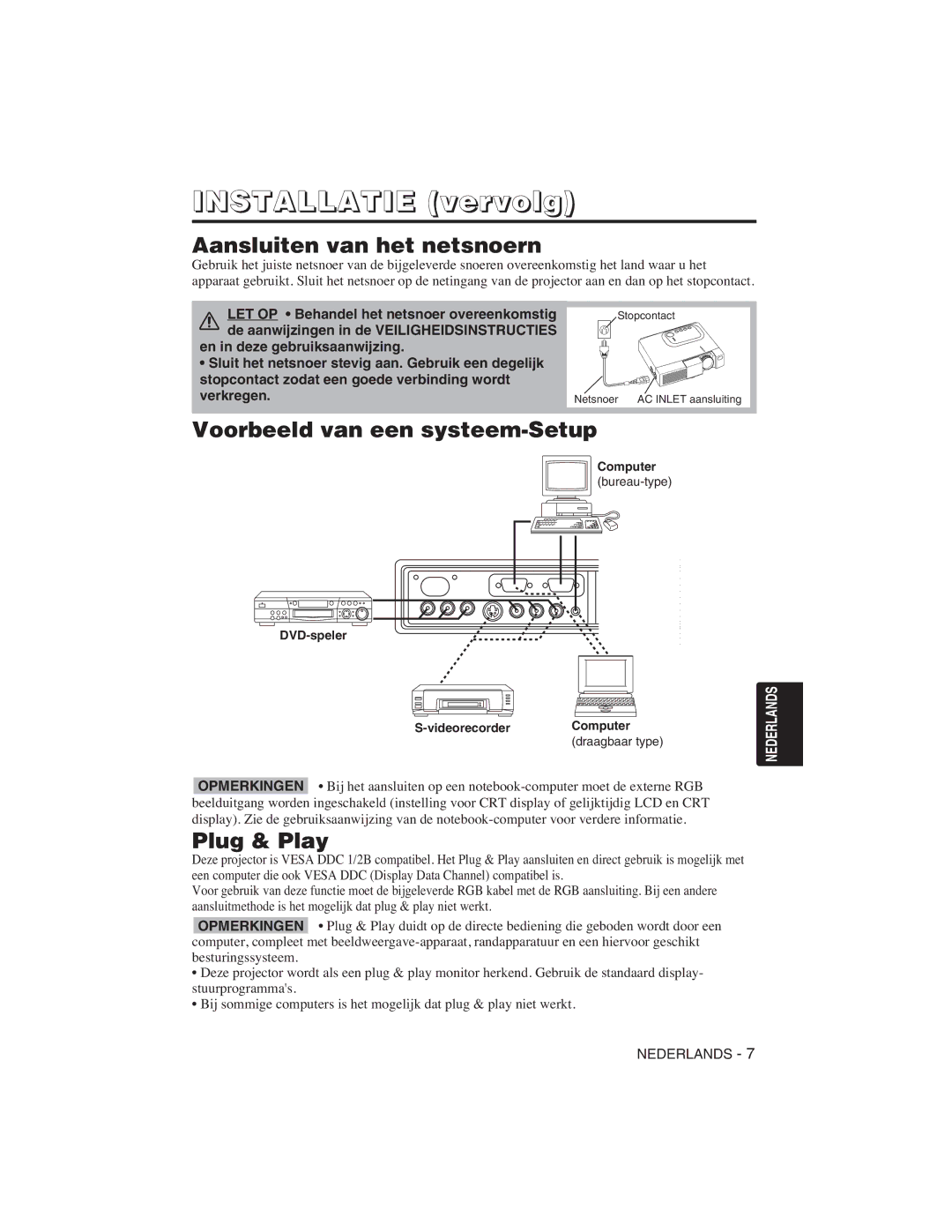 Hitachi CP-S225W user manual Aansluiten van het netsnoern, Voorbeeld van een systeem-Setup 