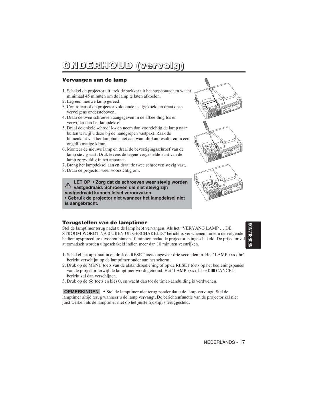 Hitachi CP-S225W user manual Onderhoud vervolg, Vervangen van de lamp, Terugstellen van de lamptimer 