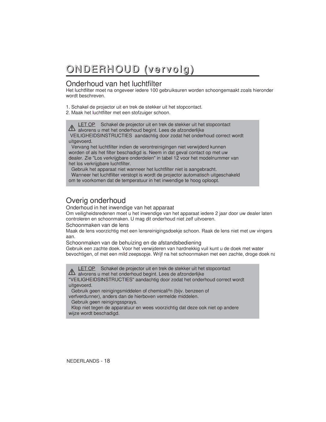 Hitachi CP-S225W user manual Onderhoud van het luchtfilter, Overig onderhoud, Onderhoud in het inwendige van het apparaat 