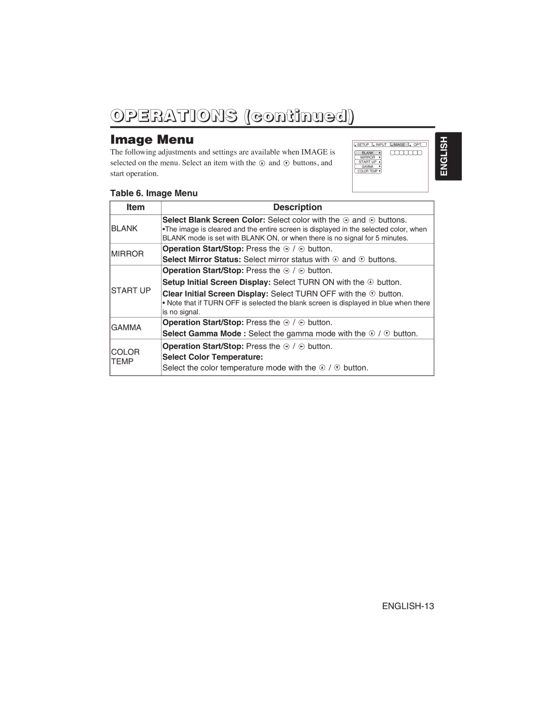 Hitachi CP-S225W Image Menu Description, Setup Initial Screen Display Select Turn on with, Select Color Temperature 