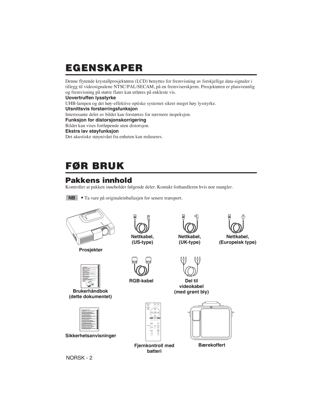 Hitachi CP-S225W user manual Egenskaper, FØR Bruk, Pakkens innhold 