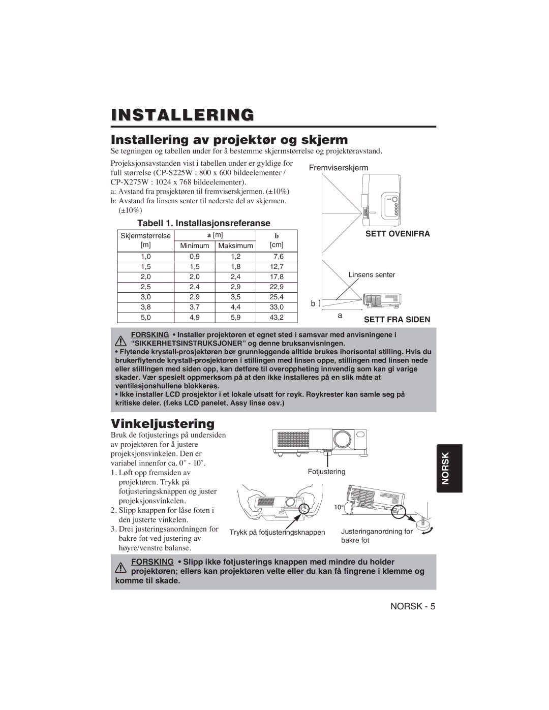 Hitachi CP-S225W user manual Installering av projektør og skjerm, Vinkeljustering, Tabell 1. Installasjonsreferanse 