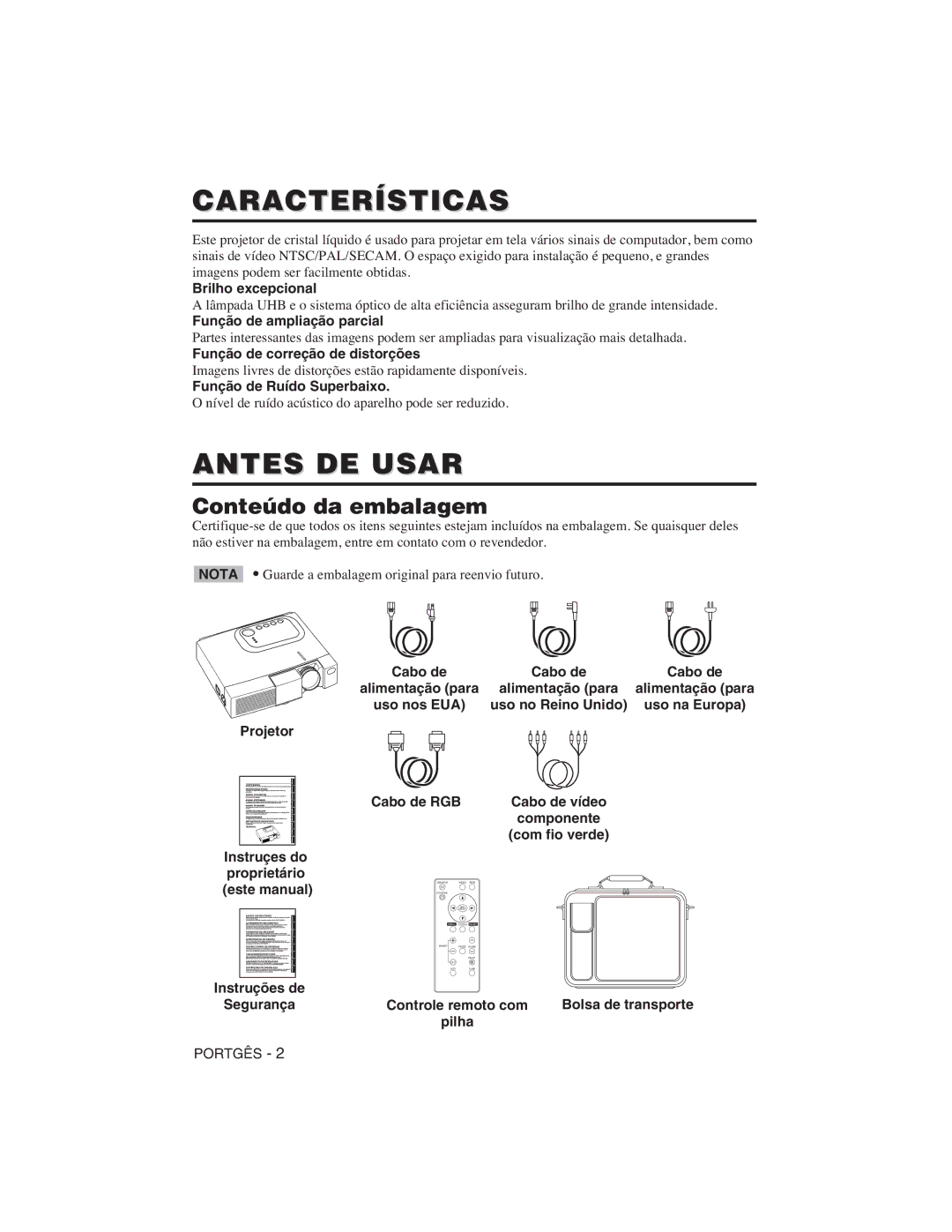 Hitachi CP-S225W user manual Antes DE Usar, Conteúdo da embalagem 