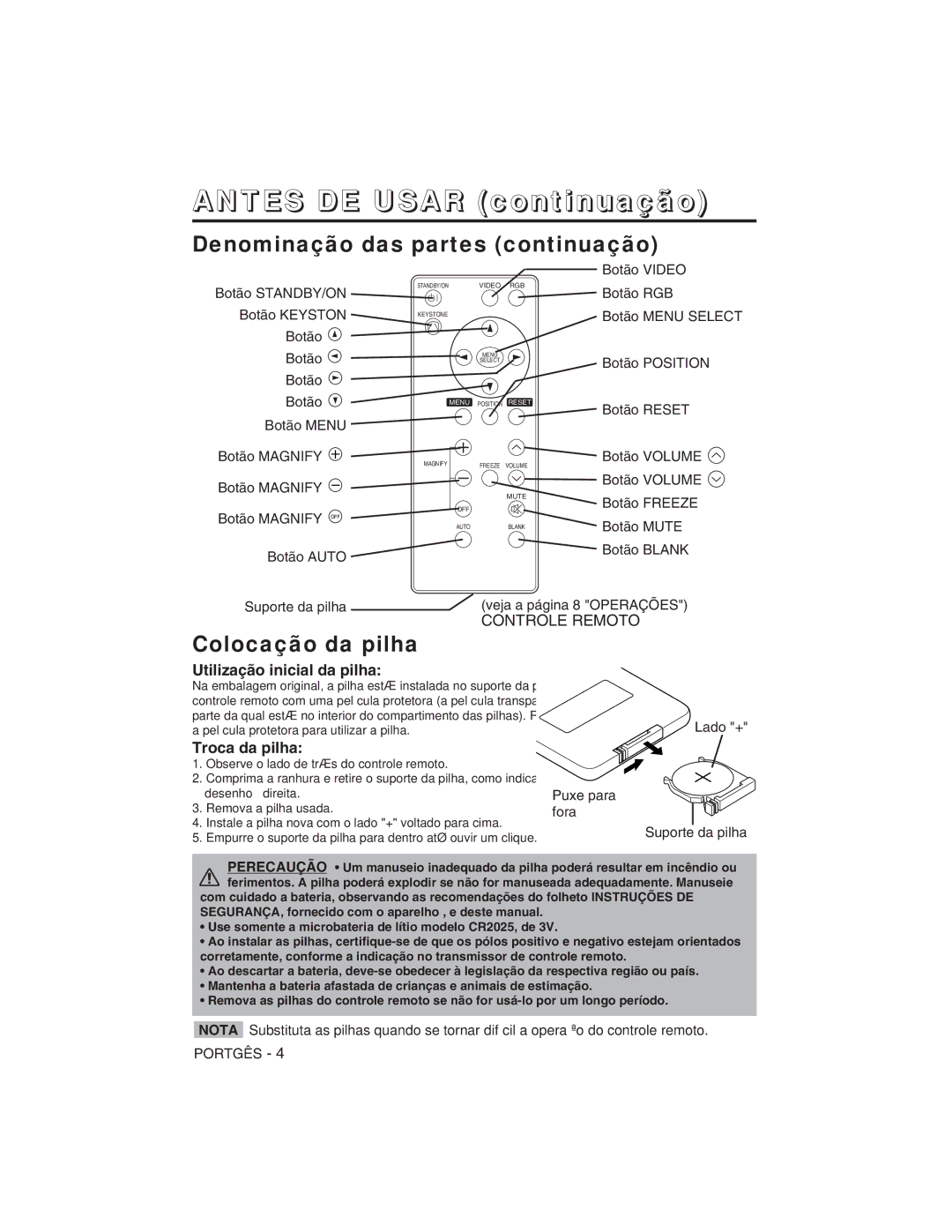 Hitachi CP-S225W Denominação das partes continuação, Colocação da pilha, Utilização inicial da pilha, Troca da pilha 