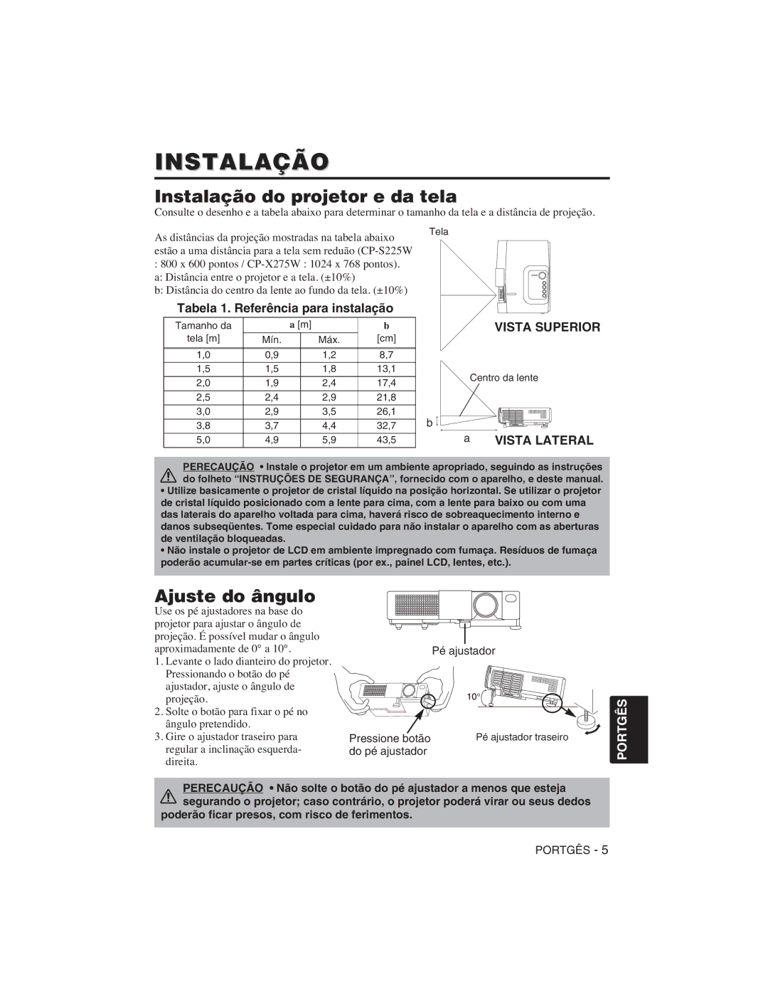 Hitachi CP-S225W user manual Instalação do projetor e da tela, Ajuste do ângulo, Vista Superior 