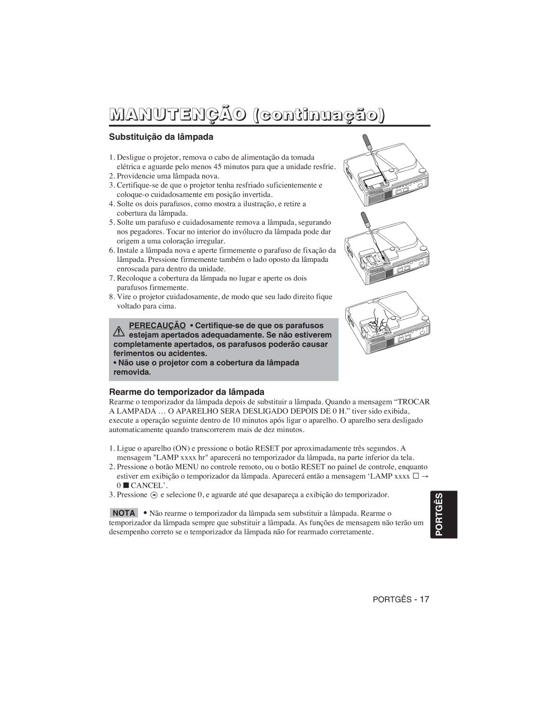 Hitachi CP-S225W user manual Manutenção continuação, Substituição da lâmpada, Rearme do temporizador da lâmpada 