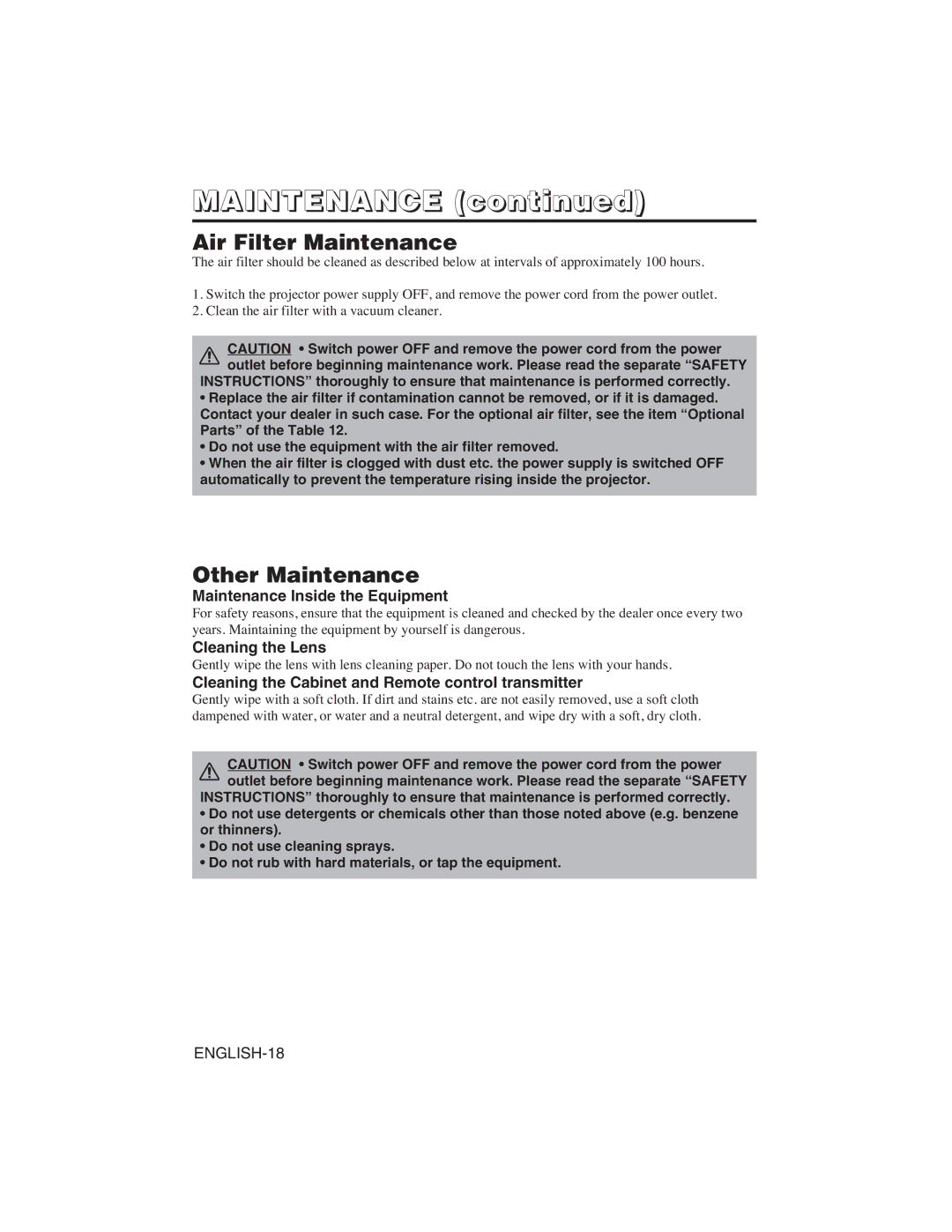 Hitachi CP-S225W user manual Air Filter Maintenance, Other Maintenance, Maintenance Inside the Equipment, Cleaning the Lens 