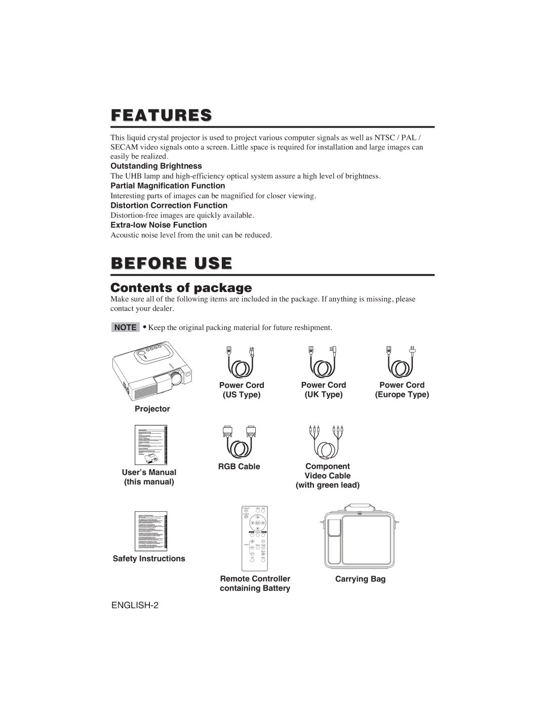 Hitachi CP-S225W user manual Features, Before USE, Contents of package 