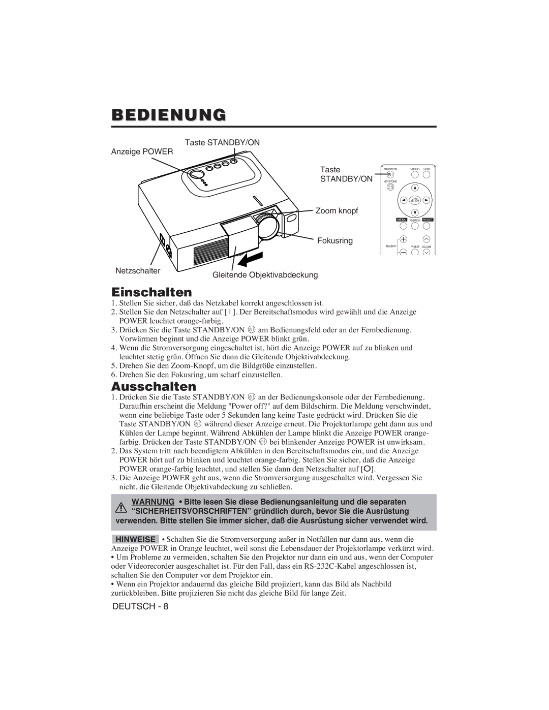 Hitachi CP-S225W user manual Bedienung, Einschalten, Ausschalten, Standby/On 