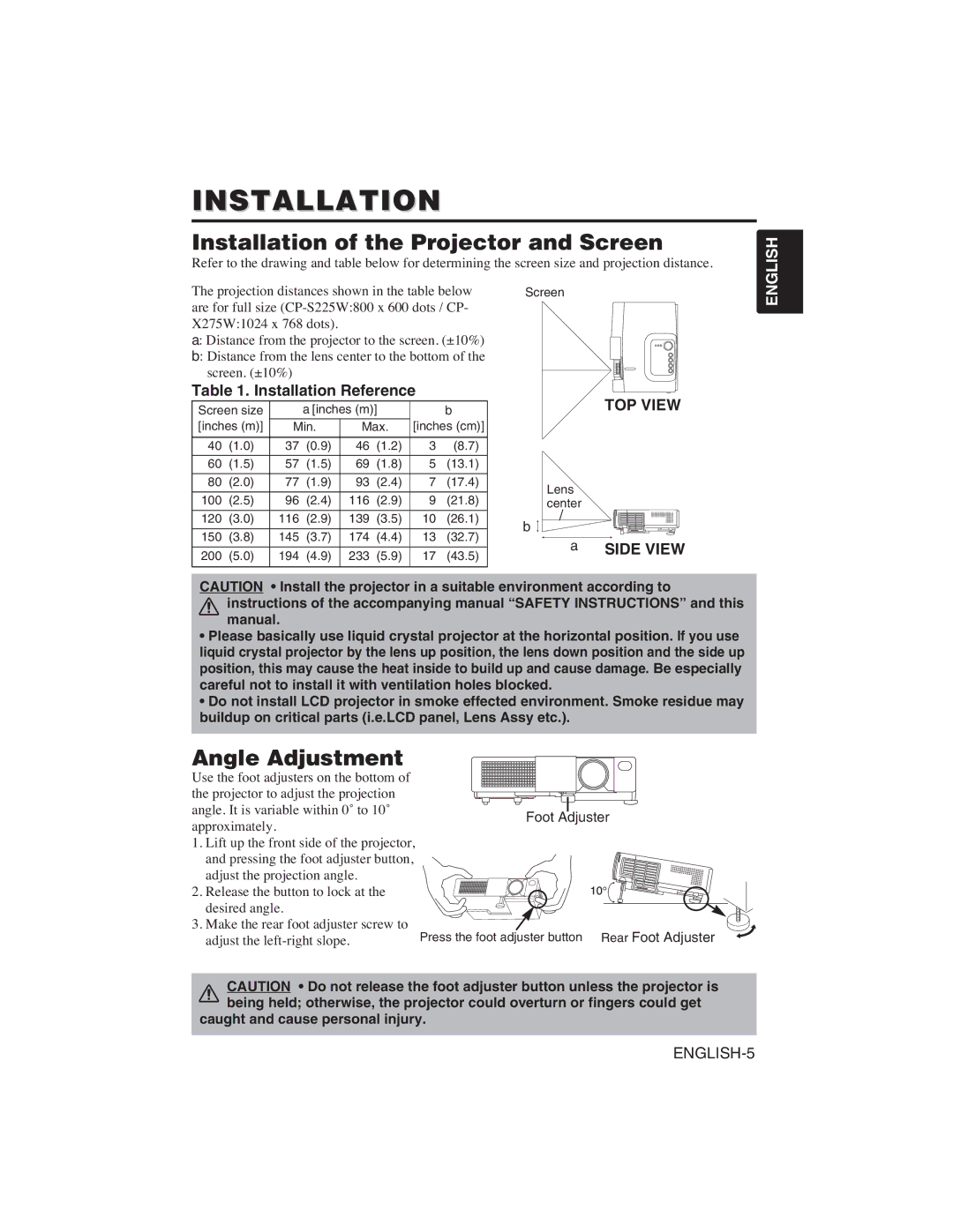 Hitachi CP-S225W user manual Installation of the Projector and Screen, Angle Adjustment, TOP View 